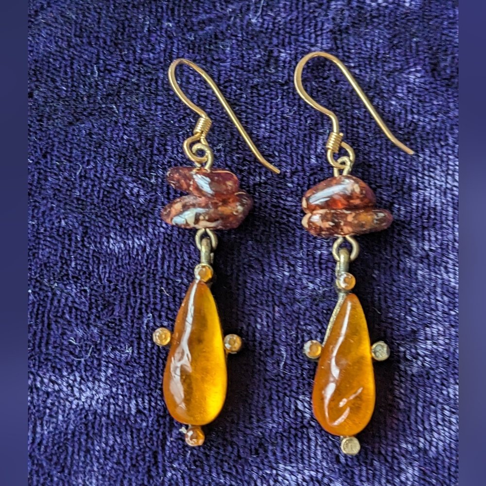 Vintage Drop Dangle Earrings With Natural Baltic Amber Stones